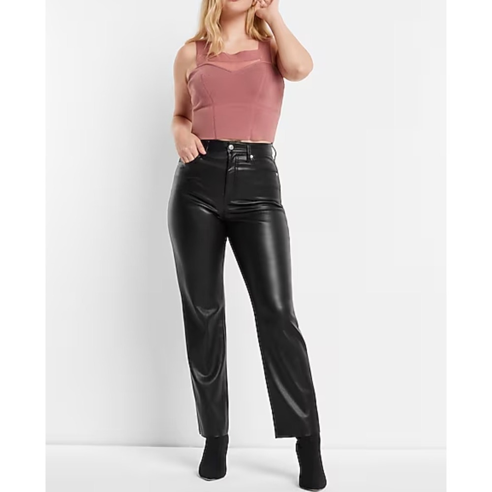 Express Modern Straight Super High Rise Faux Leather Pants Black Edgy Size 8R‎